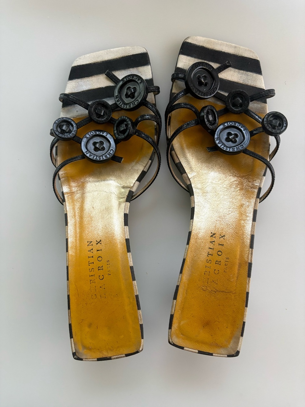 Christian Lacroix Black Striped Button Embellished Slide Sandals